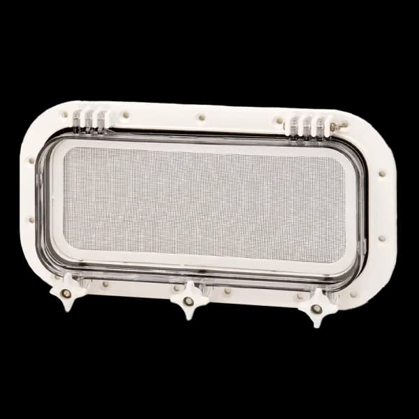 Bomar Gray Series 7″ x 15″ Rectangle Opening Molded Portlight w/ Angled Drain - Drain: Angled Drain | Color: Black | Lens Color: Smoked