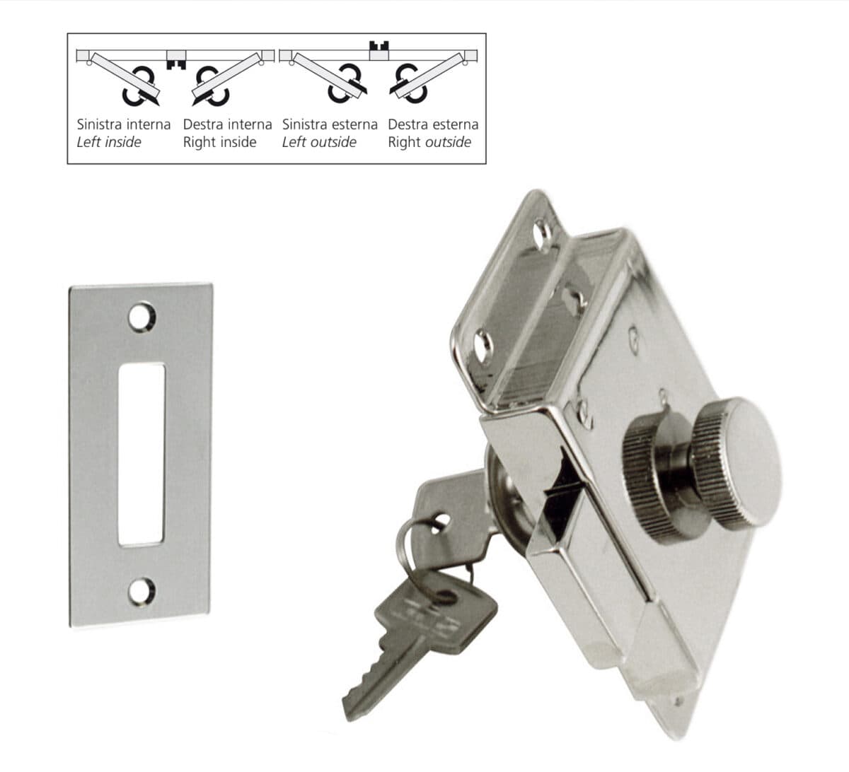 Lock with 2 trip bolts, knurled knob, security cylinder with 2 keys and striker