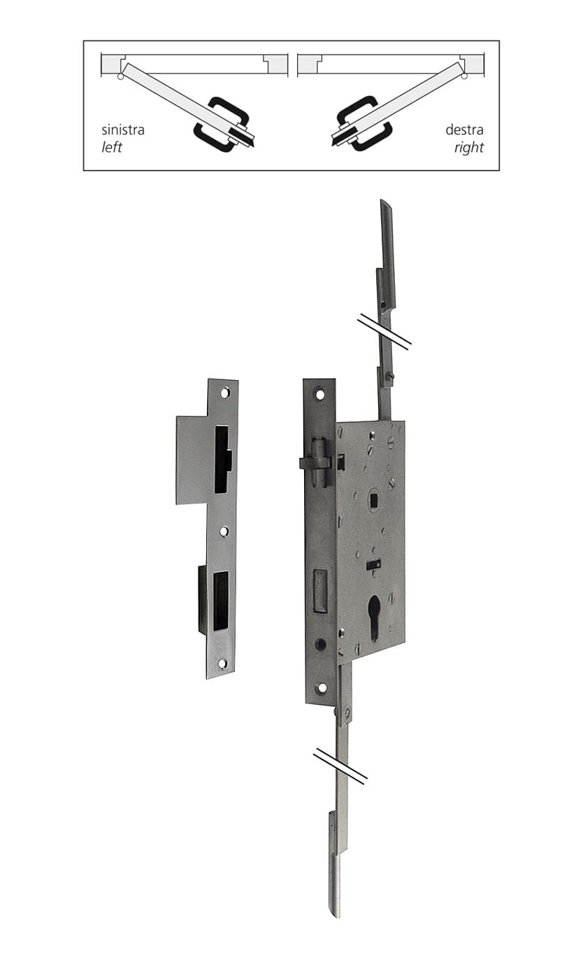 Lock with 2 rods, striking plate, 3 locking points and hole for security cylinder