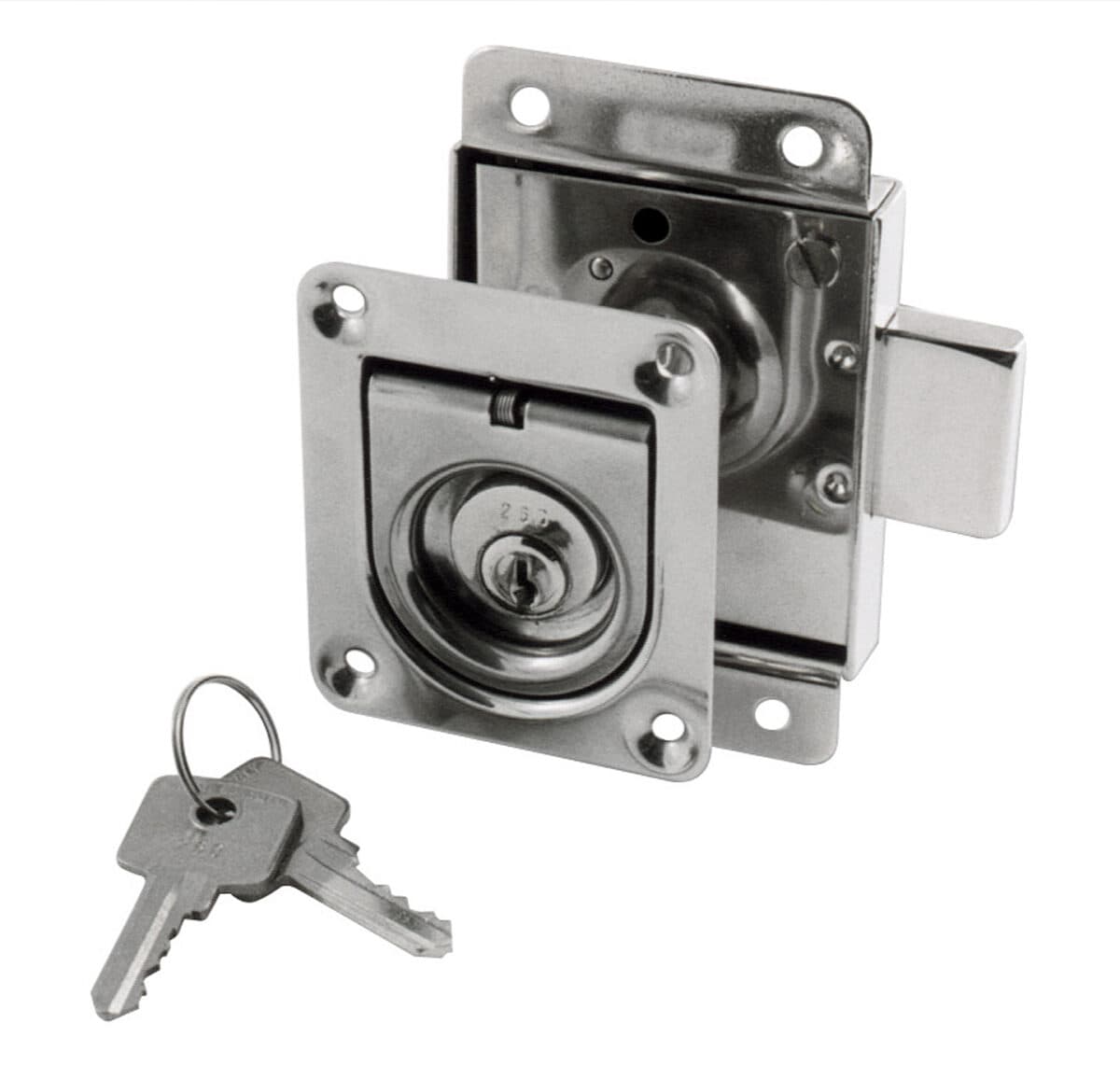 Hatch lock, with 2 trip bolts and flush handle