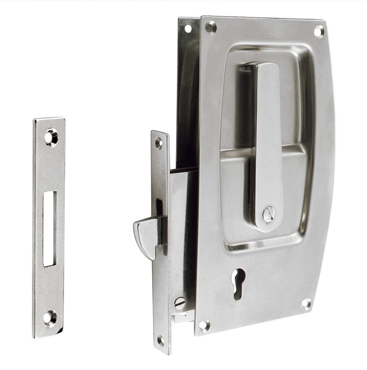 Lockset with st. st. escutcheons and flush handles, striking plate and 2 keys