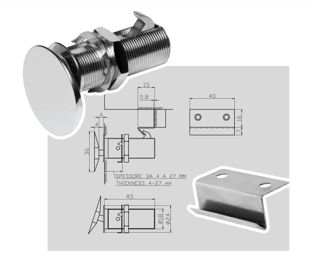 Flush lock with strikerplate fits panels of 4 to 27 mm Thickness