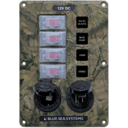 Water-Resistant Circuit Breaker Switch Panel - Camo, 4 pos. + 12 Volt Socket and Dual USB Charger