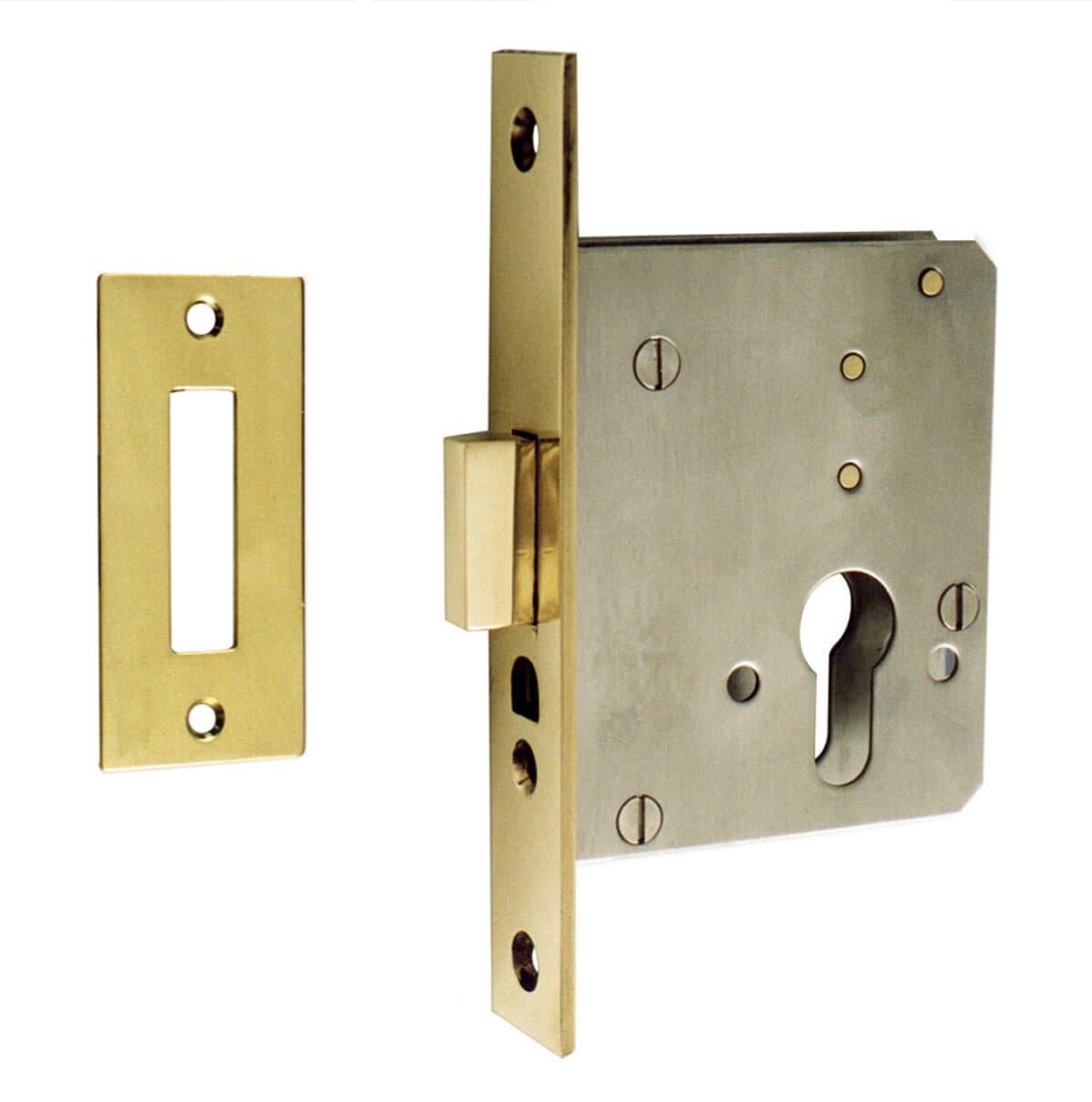 Lock with striking plate and hole for security cylinder