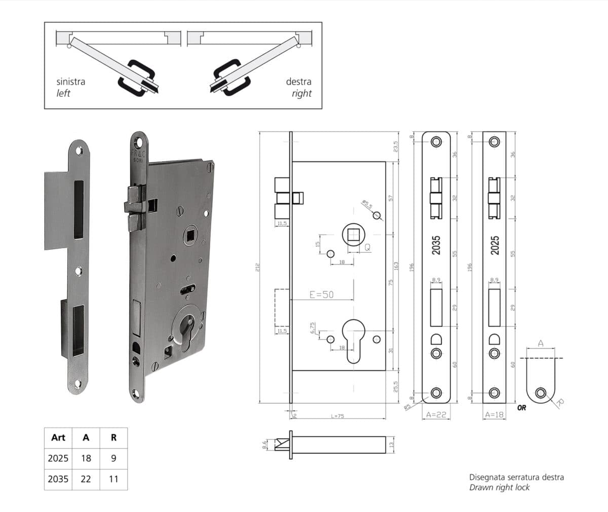 AISI 304 ST.ST. lock with treble latch bolt and dead-bolt AISI 316 St.St. (for water tight and fire