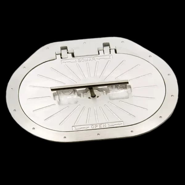 Bomar Commercial Grade Series 17 3/4″ x 26 3/4″ Oval Hinged Cast Aluminum Watertight Hatch - Weld Ring: No | Inside Outside Opening: Yes
