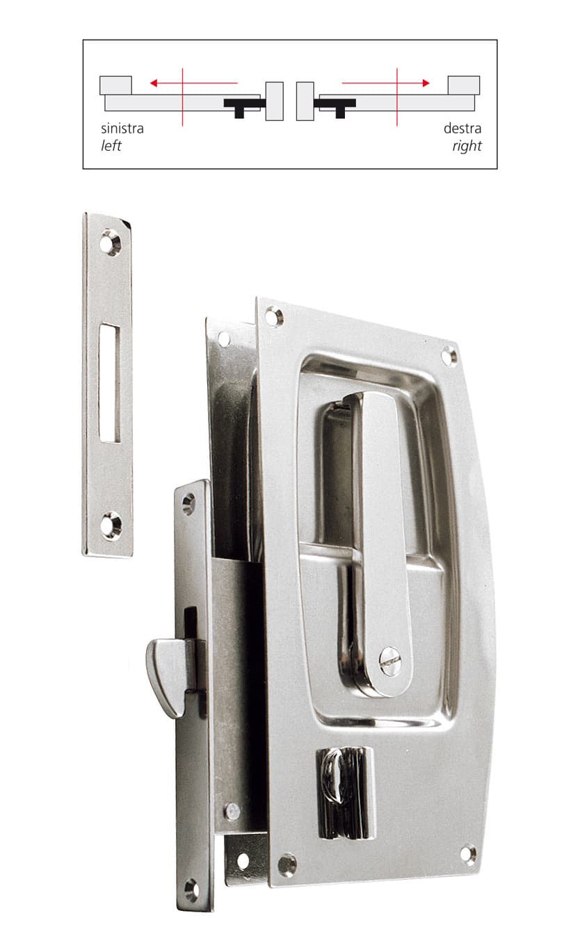 Lockset with st. st. escutcheons, flush handles, striking plate, locking knob inside and square key