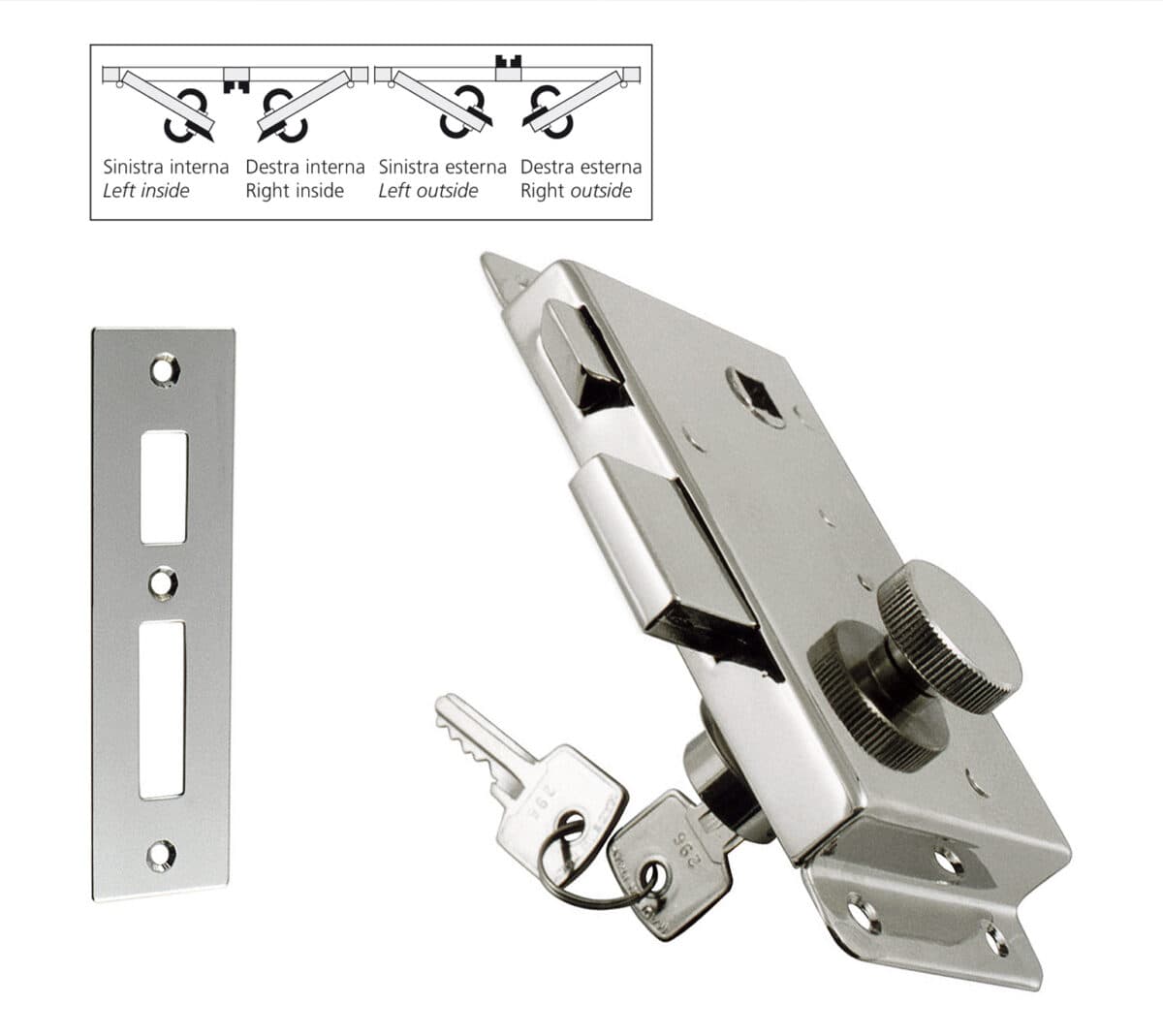 Lock with 2 trip bolts, knurled knob, security cylinder with 2 keys and striker