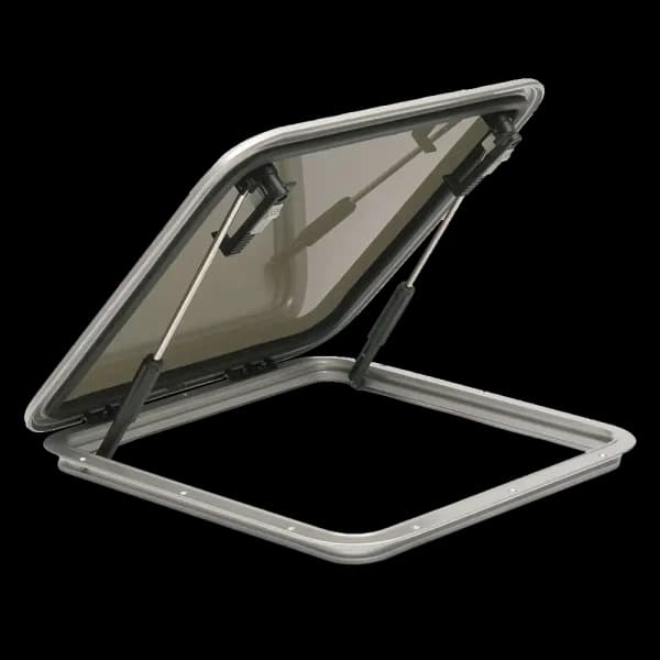 Bomar A&P Series Low Profile 19 1/4″ x 25 3/8″ Rectangle Extruded Aluminum Hatch - Color: Clear Anodized | Lens Color: Smoked | Hinge Type: Internal Plastic