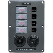 Water-Resistant Circuit Breaker Switch Panel - Gray, 4 pos. + 12 Volt Socket and Dual USB Charger
