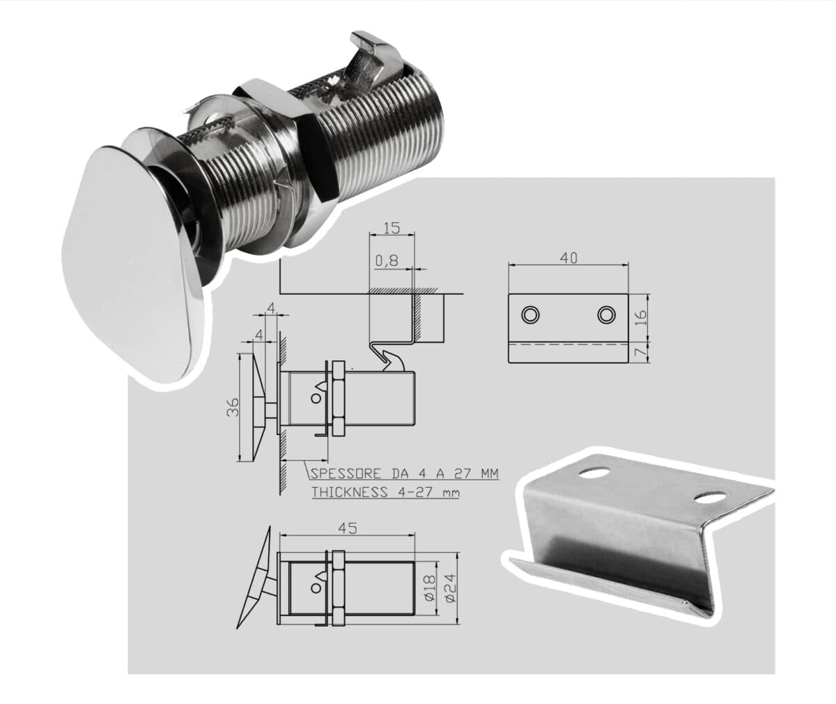 Flush lock with strikerplate fits panels of 4 to 27 mm Thickness