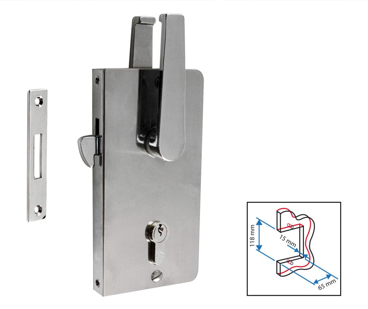 Lockset with striking plate, st. st. plates; thickness 15 mm