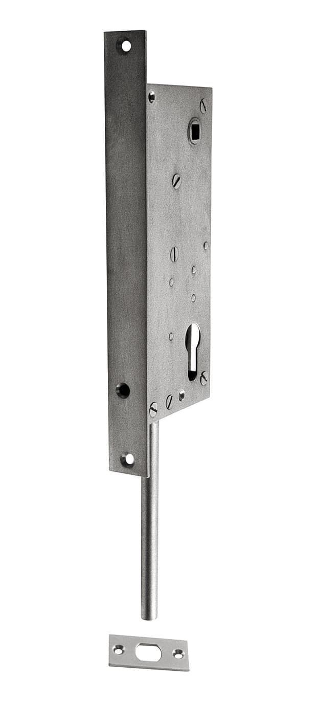 Lock with bar, striking plate and hole for cylinder