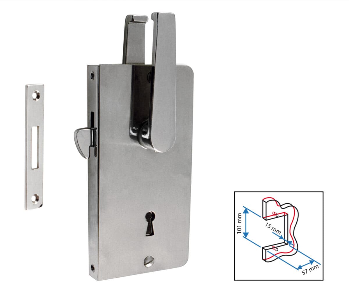 Lockset with striking plate, st.st. plates and 2 keys; thickness 15 mm