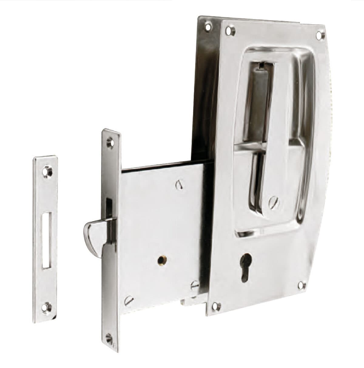 Lockset with st. st. escutcheons and flush handles, striking plate and 2 keys