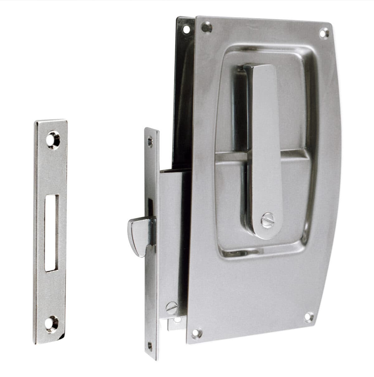 Lockset with escutcheons, flush handles and striking plate